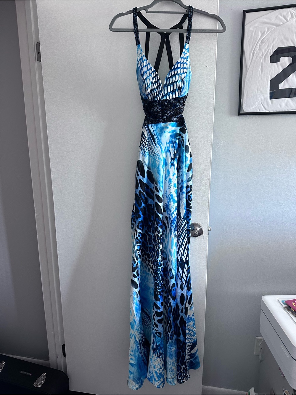 Faviana Blue Patterned Maxi Dress with Strappy Black Back
